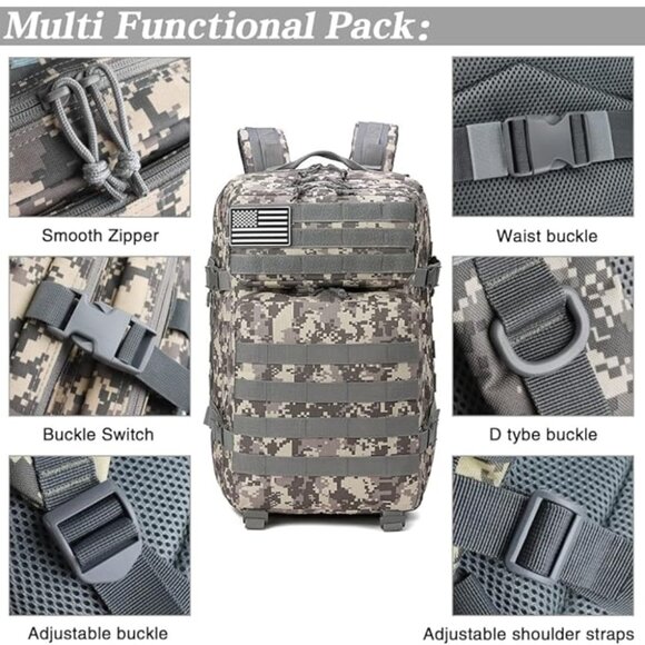 45L Tactical Backpack Camo Beige Waterproof Multi Compartment for Hiking Camping - Picture 3 of 8